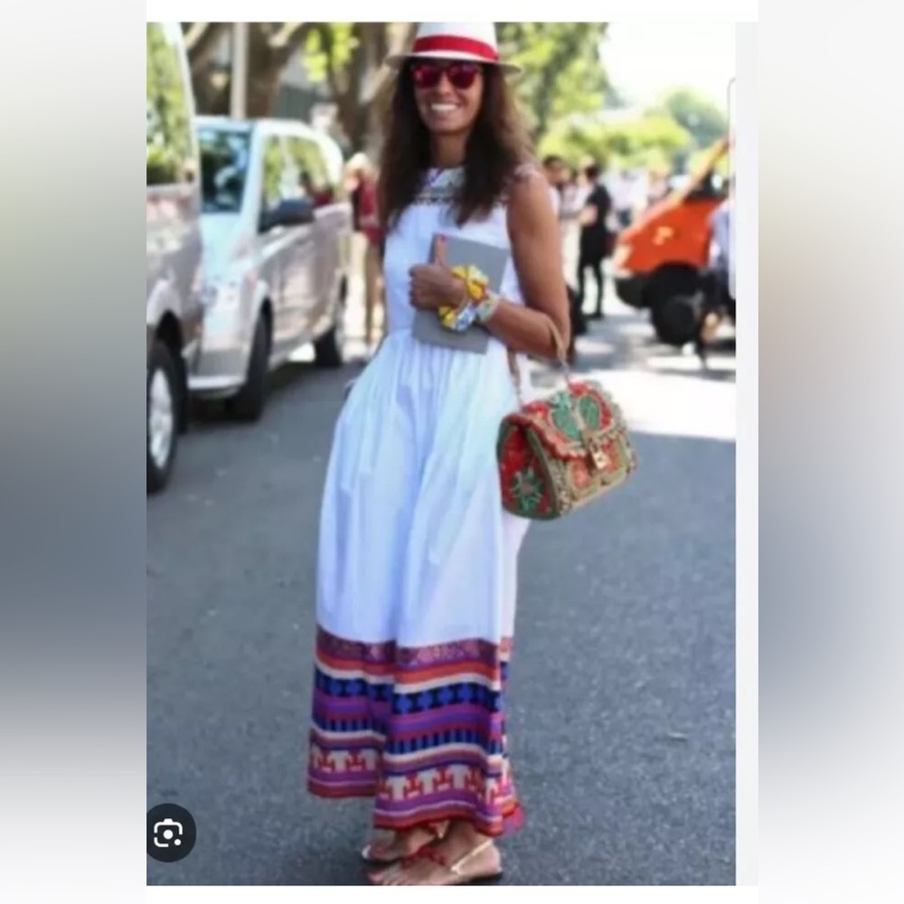 MSGM Women's Maxi Dress White Cotton With Ethnic Embroidery, Side Pockets Sz 8